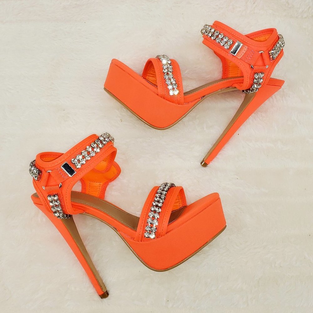 Genius Neon Orange Neoprene High Heel Platform Harness Shoes - Picture 6 of 12